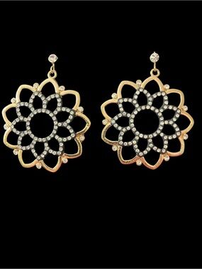 Eclat Swarovski Crystal Earrings Black Gold Tone Floral Statement Dangle 2.25”